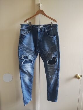 Zara Men's Distressed Blue Skinny Moto Jeans